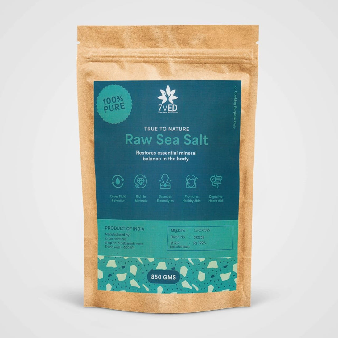 7VED Raw Sea Salt – 850 gms. Pure Coastal Salt, Unprocessed, Rich in 74 Essential Trace Minerals - Zircon Ventures