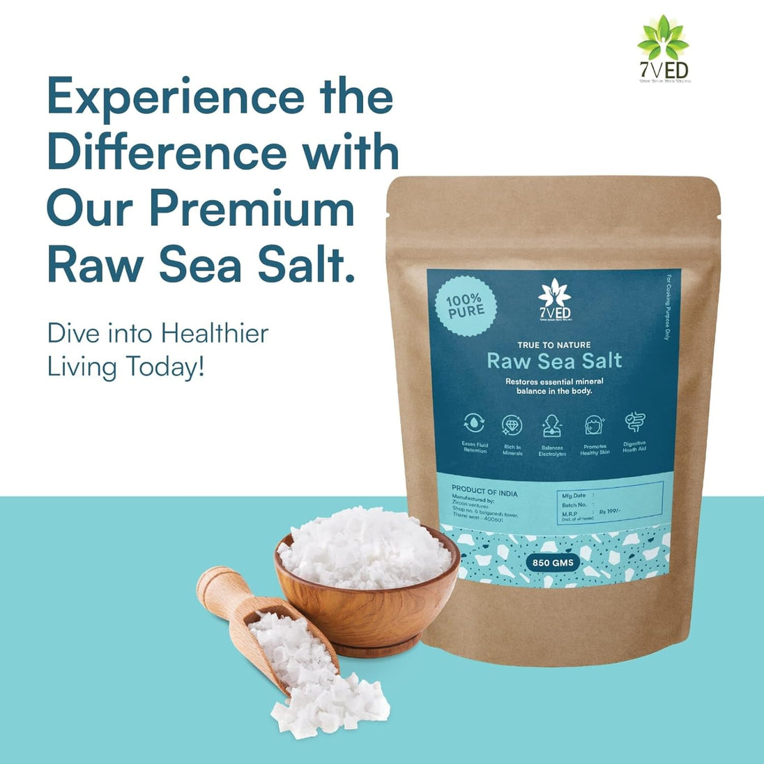 7VED Raw Sea Salt – 850 gms. Pure Coastal Salt, Unprocessed, Rich in 74 Essential Trace Minerals - Zircon Ventures