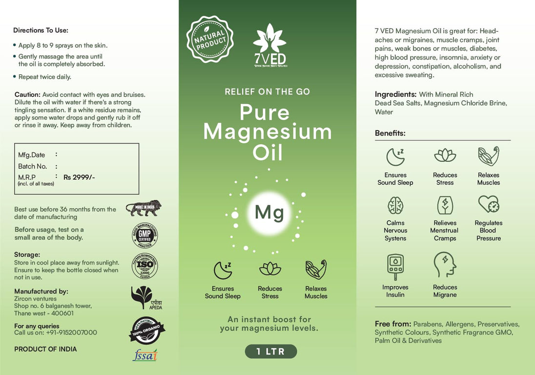 7VED Pure Magnesium Oil with Dead Sea Salt for Joint Pain Relief, Headache, Muscle Cramps and Insomnia - 1 Lit Spray Bottle - Zircon Ventures